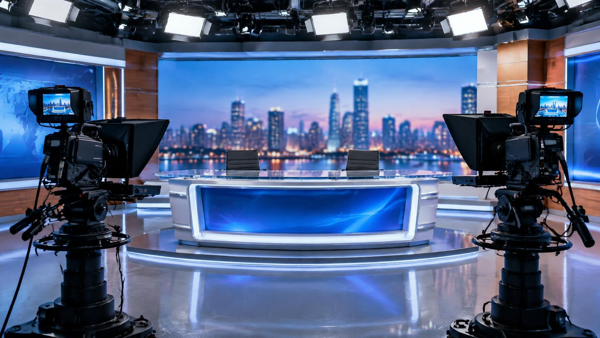 Television news studio with robotic cameras and bright key lighting