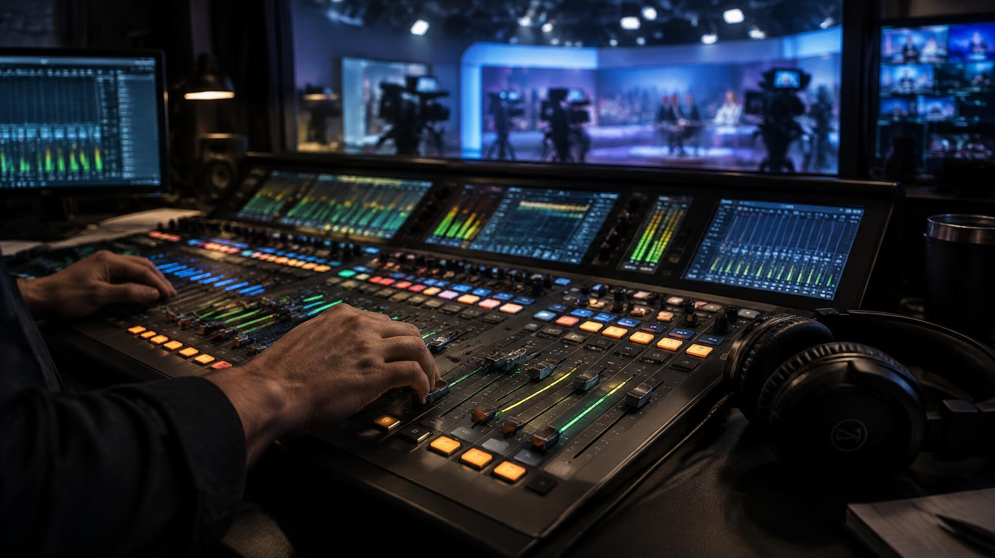 Sound engineer at a mixing console with headphones
