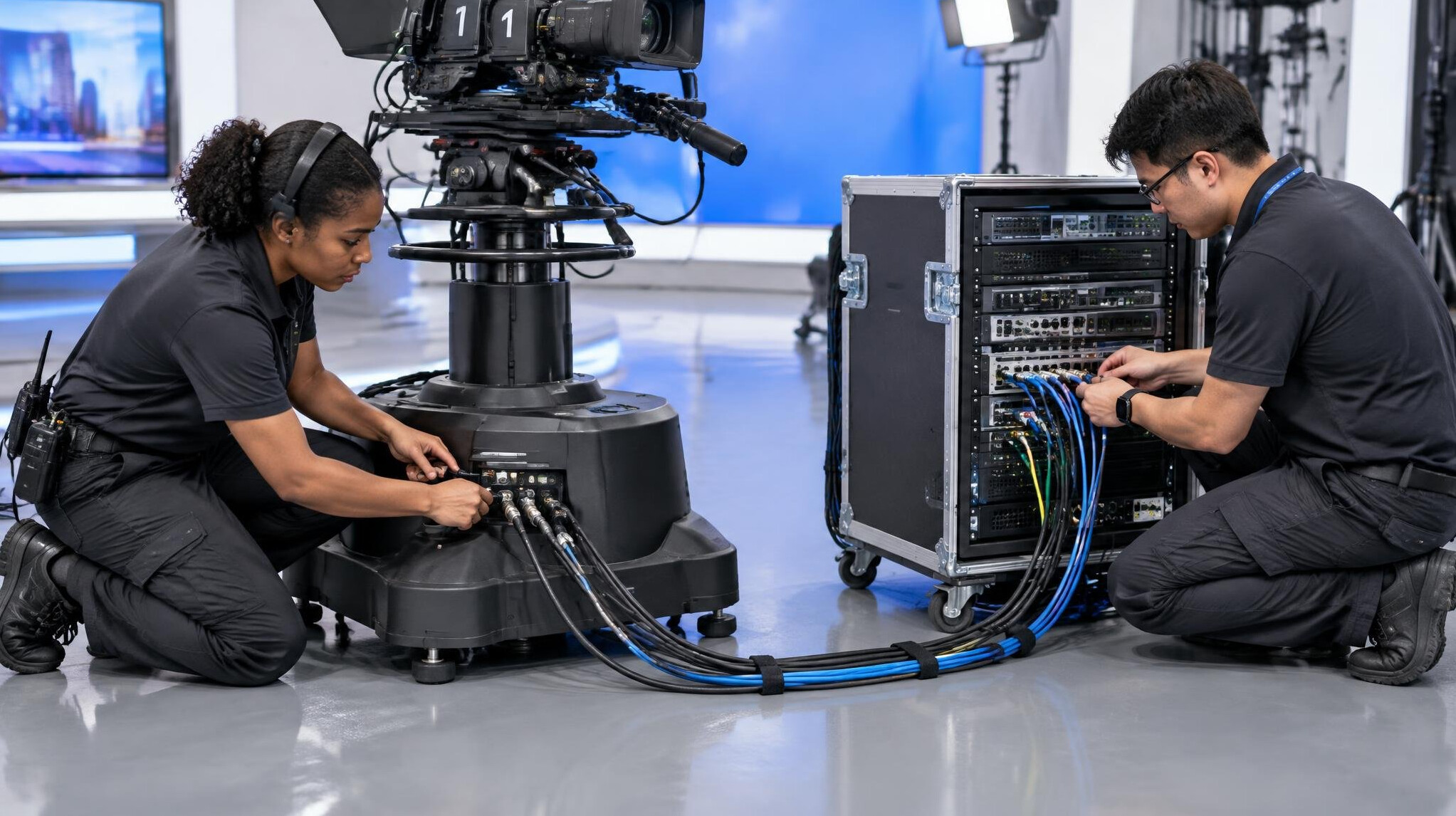 Technicians installing equipment and cabling in a television studio