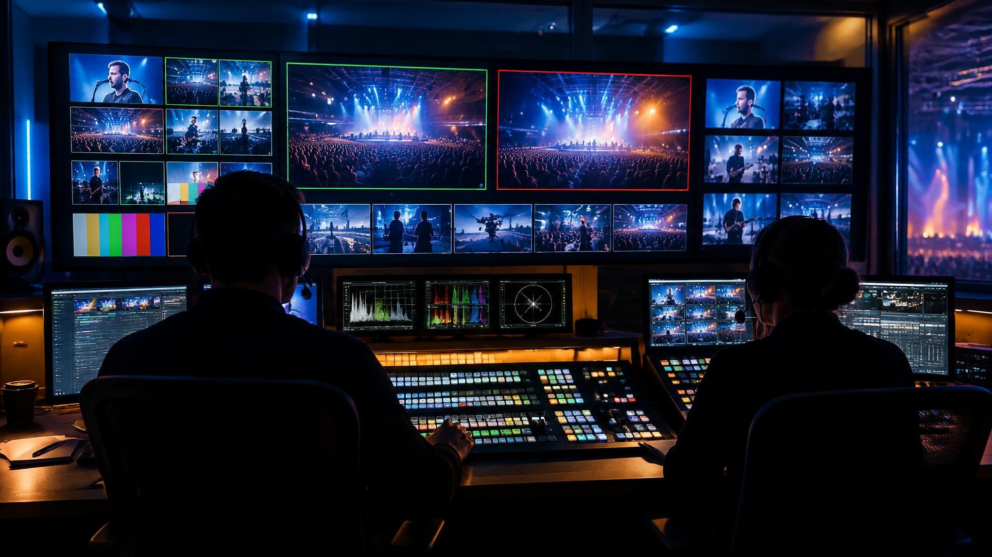 Broadcast control room with rows of monitors and operators