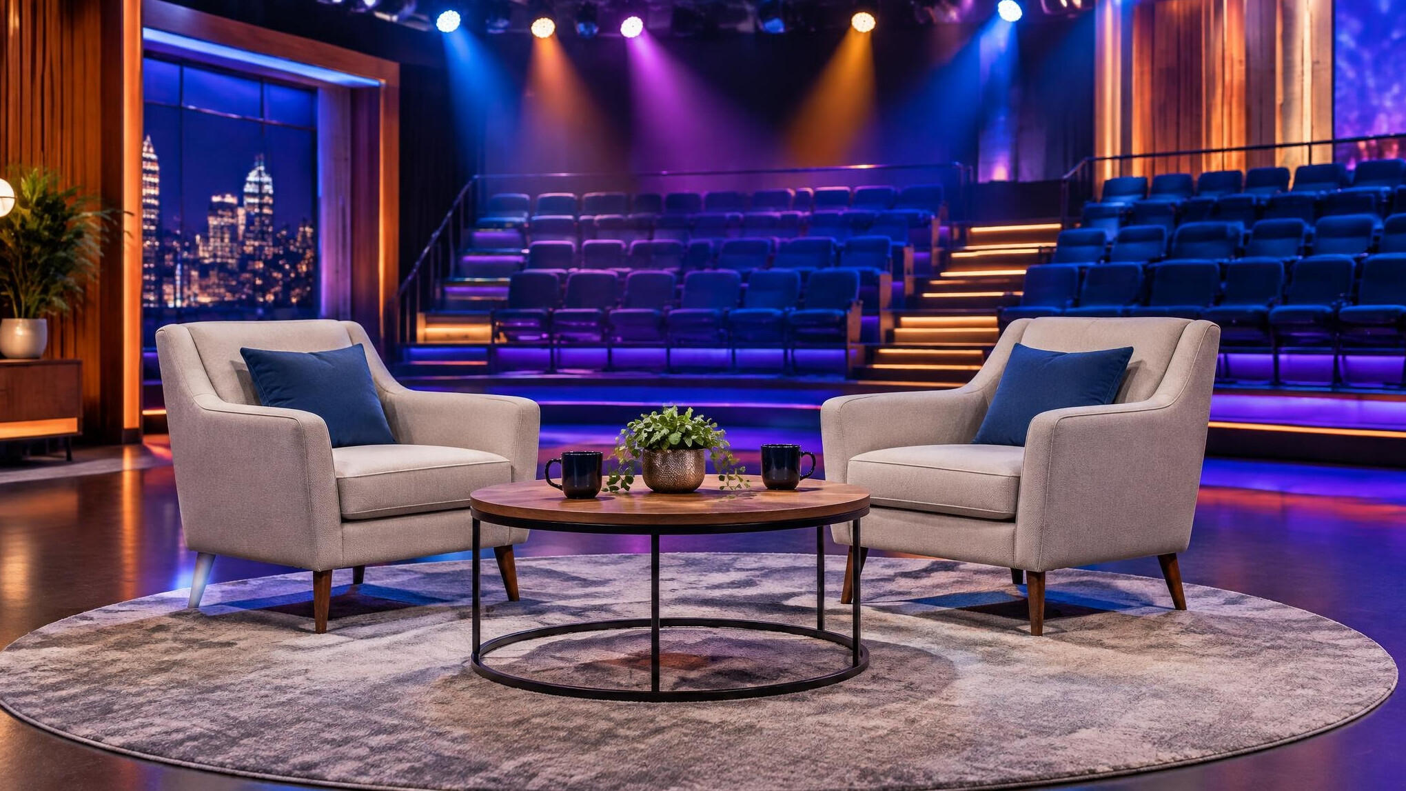 Live talk show studio set with stage lights and seating