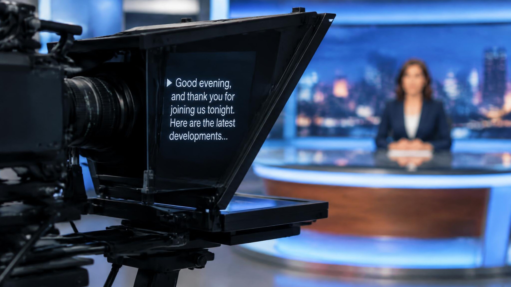 Teleprompter mounted on a broadcast camera in a news studio
