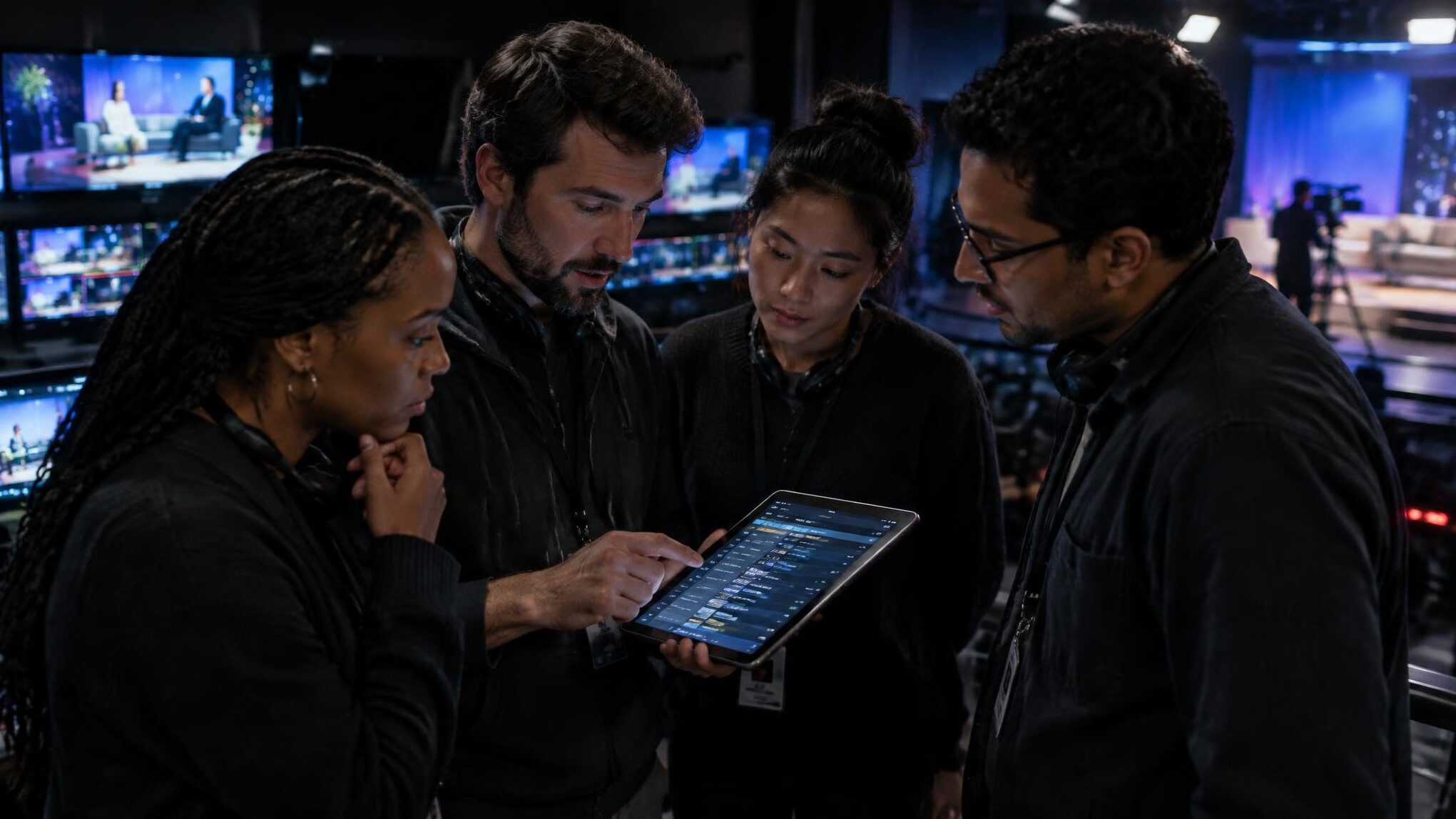 Production team reviewing a show rundown on a tablet in a studio gallery